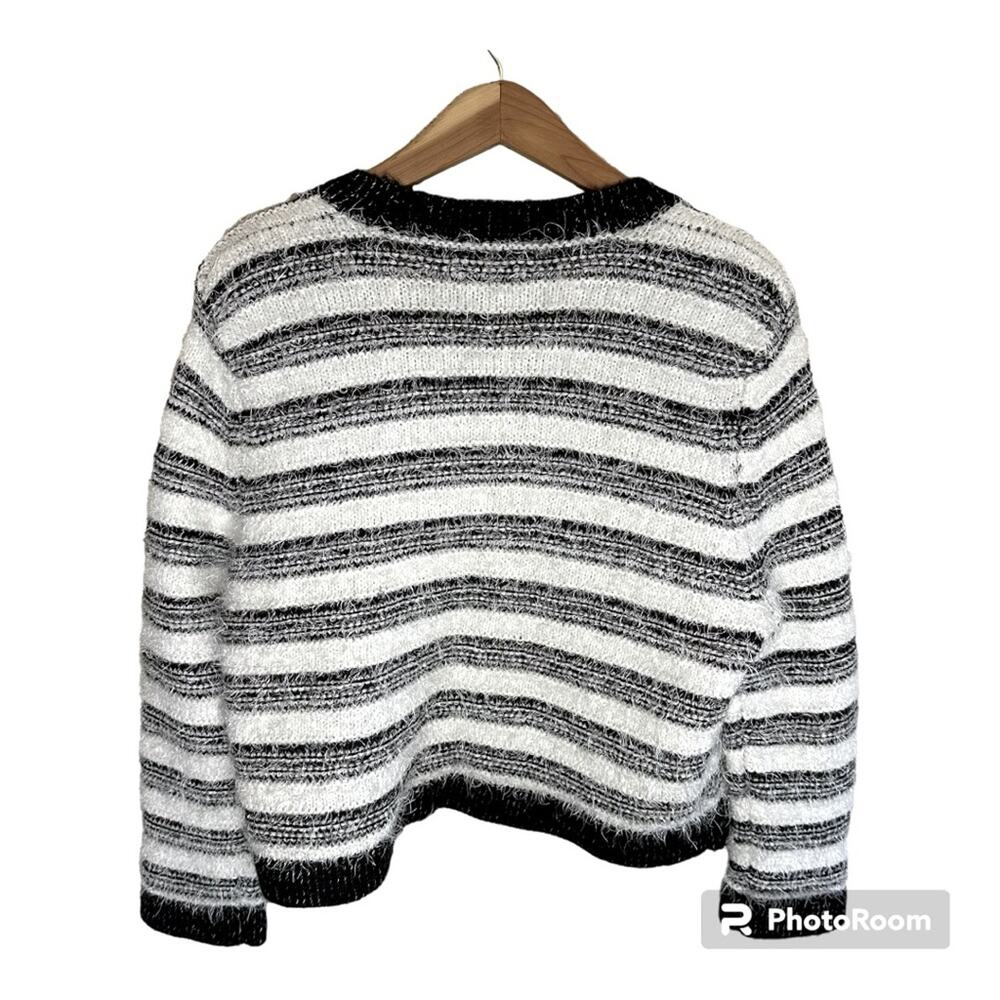 Calvin Klein Cropped Black and White Striped Eyelash Open Front Cardigan Sweater - Picture 2 of 6
